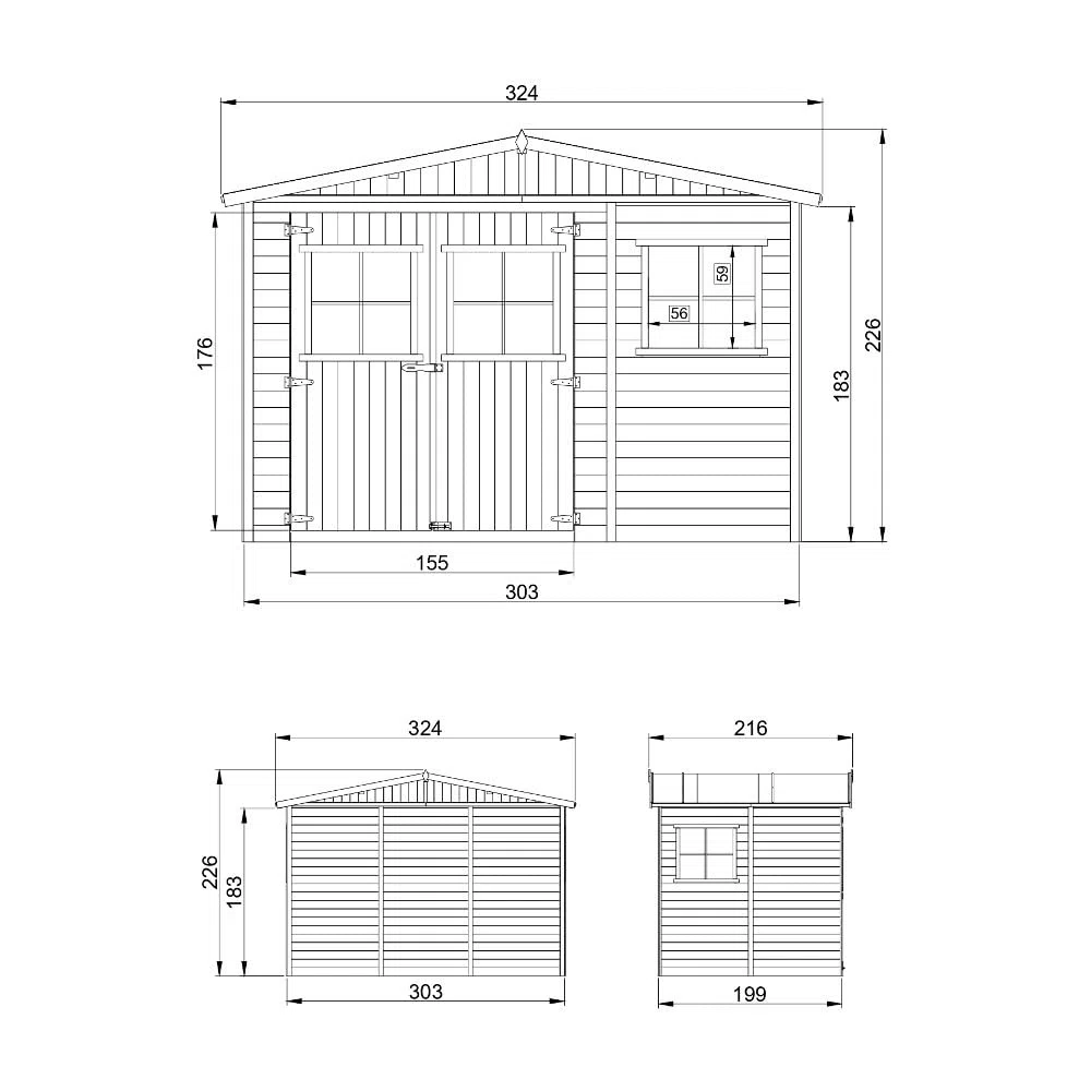 Caseta de Jardín Exterior de Madera 6,03 m², Cobertizo para Bicicletas, Caseta de Almacenamiento, Pared de 17 mm, Ventana, TIMBELA M334+M334G