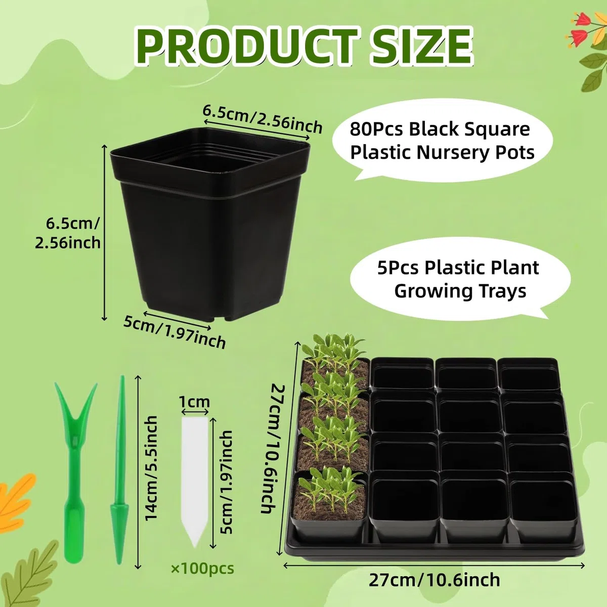 Macetas de Plástico Negro, 80 6.5cm Semilleros de Germinacion, Bandeja Semillero Kit Cuadrado, con 5 Piezas Bandeja a Prueba de Fugas, para Interior/Exterior Jardín Plantas Plántulas y Semillas