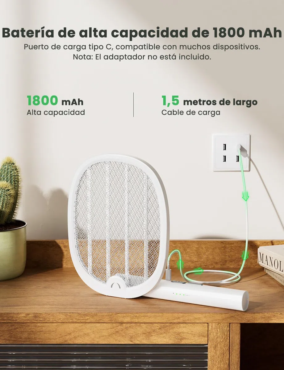YISSVIC Raqueta Mosquitos Electrica Mata Mosquitos Electrico Plegable 2 en 1 4000V 1800mAh USB-C Recargable Matamoscas Electrico de Luz UV Blanco