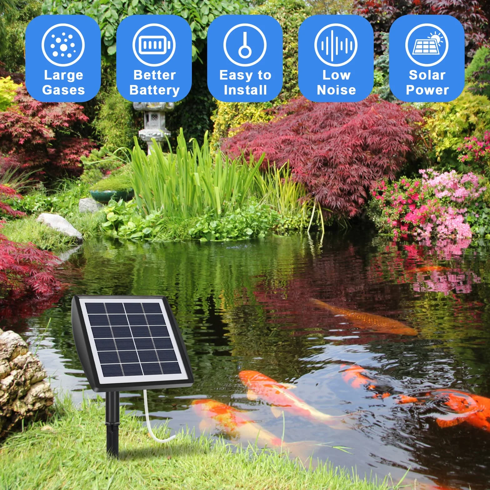 GuKKK Bomba de oxígeno solar, 2 W, aireador solar para estanque con batería de 2200 mAh, bomba de aire solar para acuario, oxigenador, bomba de aire para acuario, aireador de pesca con tubo de