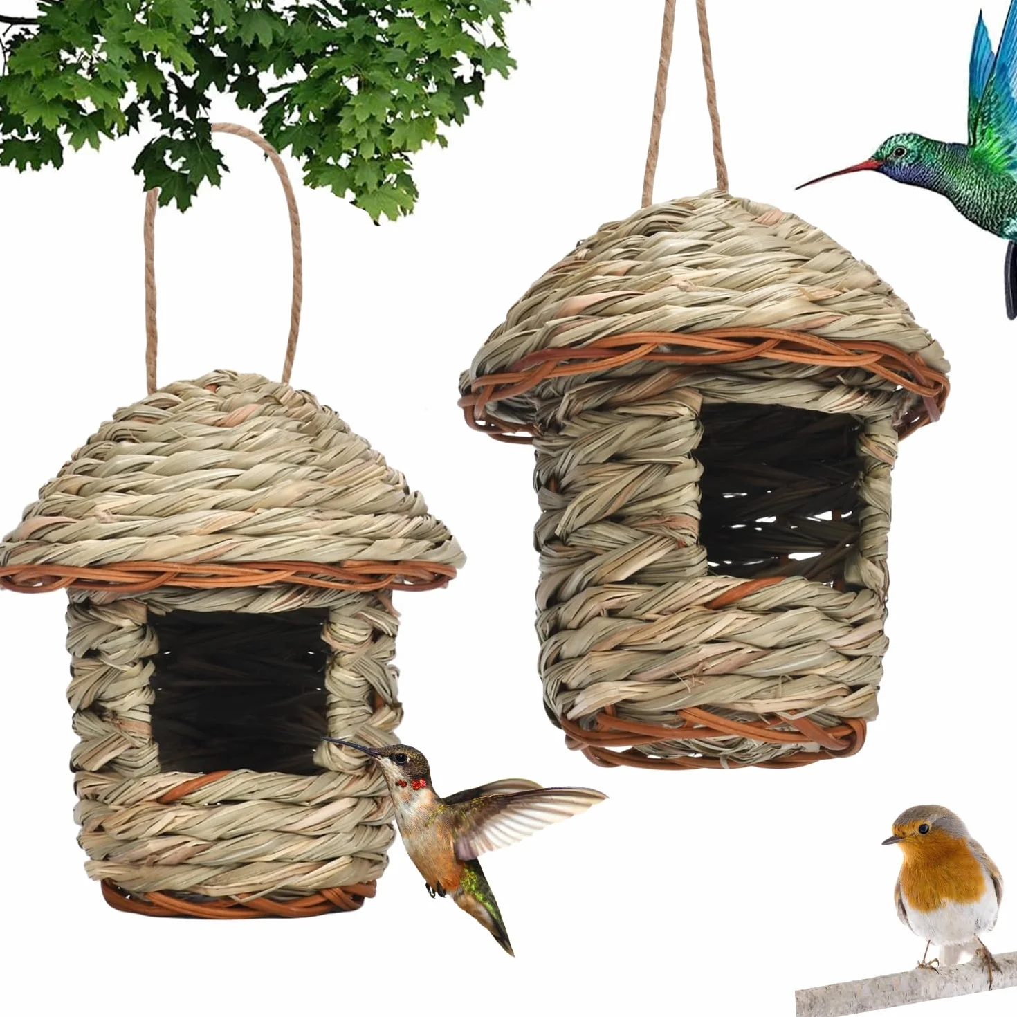 2 Piezas Nido Pajaro, Casita Pajaros Exterior, Nido Pajaros Tejidas a Mano, Nidos de Pajaro Exterior, Casa de PáJaros de Paja para Colibríes, Gorriones y Otras Aves Pequeñas