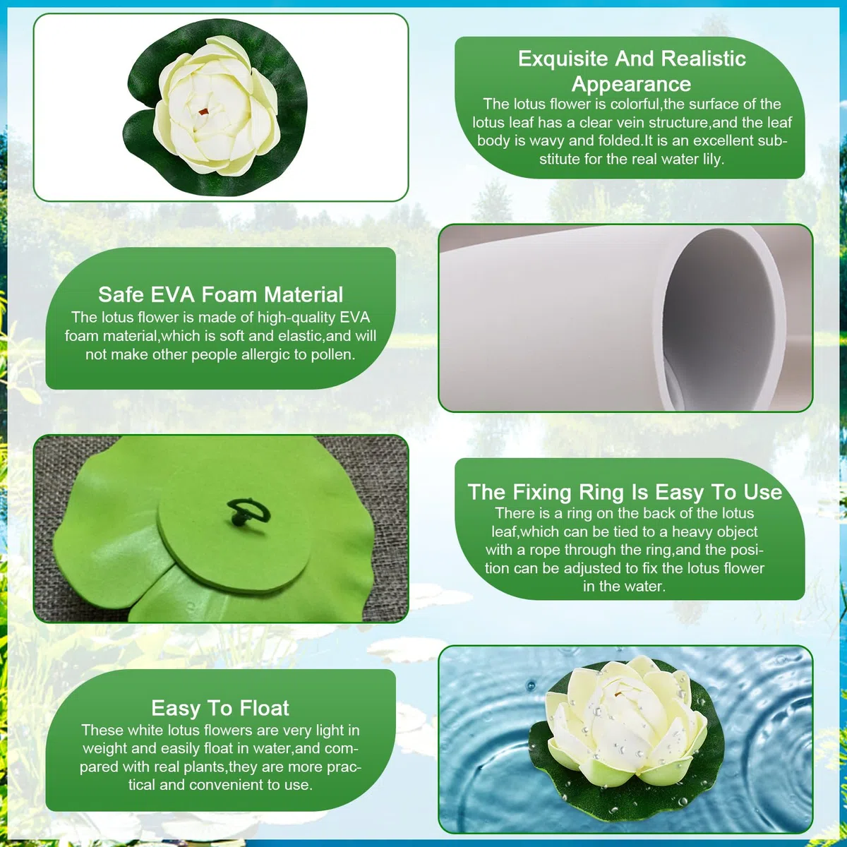 5 flores de loto flotantes artificiales de 10 cm, nenúfares artificiales blancos, flores artificiales flotantes de espuma EVA para decoración de acuario, terraza, jardín, piscina, estanque