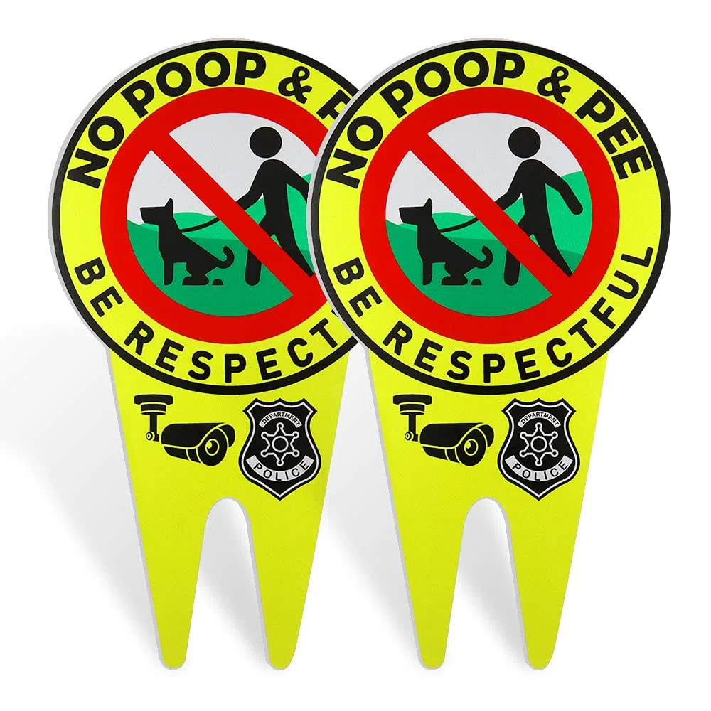 2 señales de perro de 33,8 x 7,8 pulgadas con estaca que brillan en la oscuridad, signo de respeto para detener al perro de cacerola o orina en el césped (amarillo)