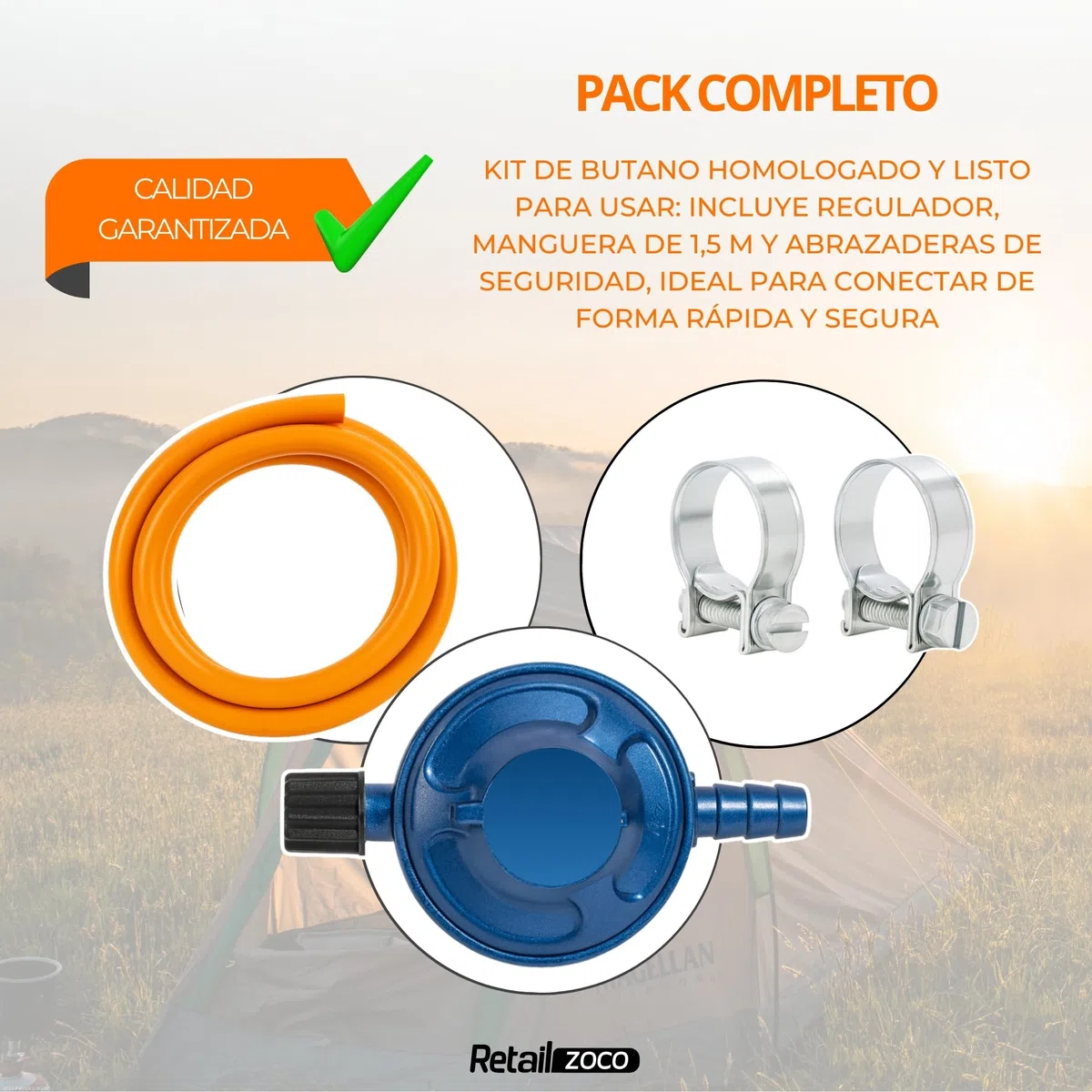 TECHZOCO Kit Completo butano para bombona de butano de Camping + Tubo Goma 1,5 Metros + 2 Abrazaderas Seguridad, Homologado,Apto para aparatos de Gas para Camping, barbacoas y Calentadores