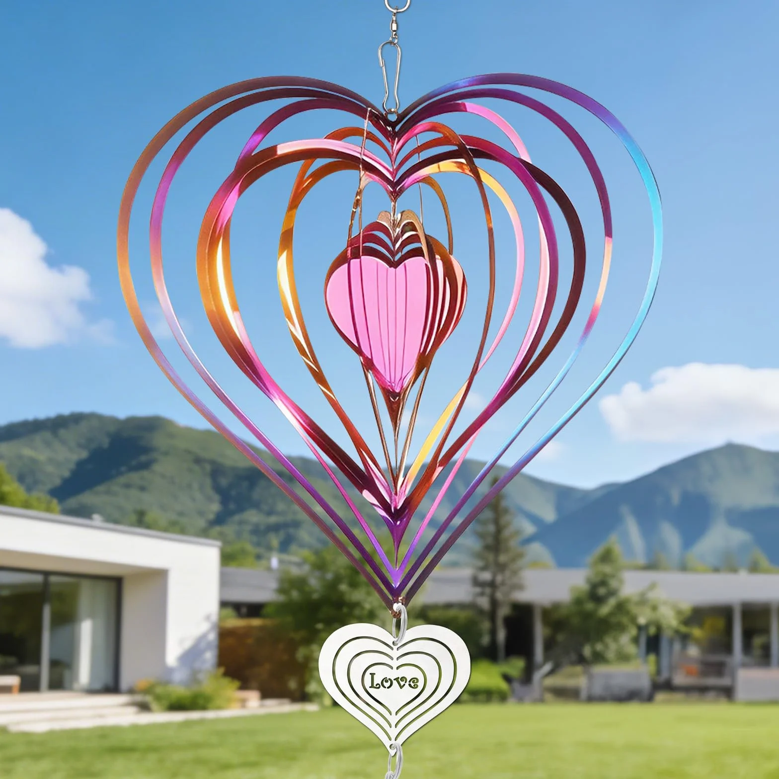 Carillón de Viento y Spinner 3D de Acero Inoxidable, Escultura en Forma de Corazón – Ahuyentador de Pájaros Reflectante, Decoración Resistente a la Intemperie para Jardín, Balcón y Terraza