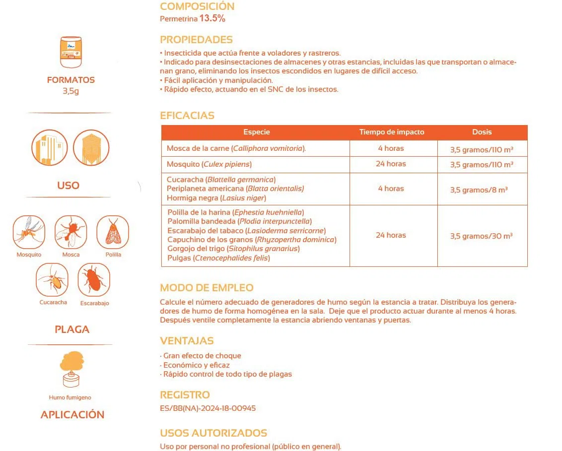 Humo Bomba Insecticida de Permetrina Fumígeno 3.5gr | hasta 110m3 | para Áreas domésticas o industriales | Fumigante