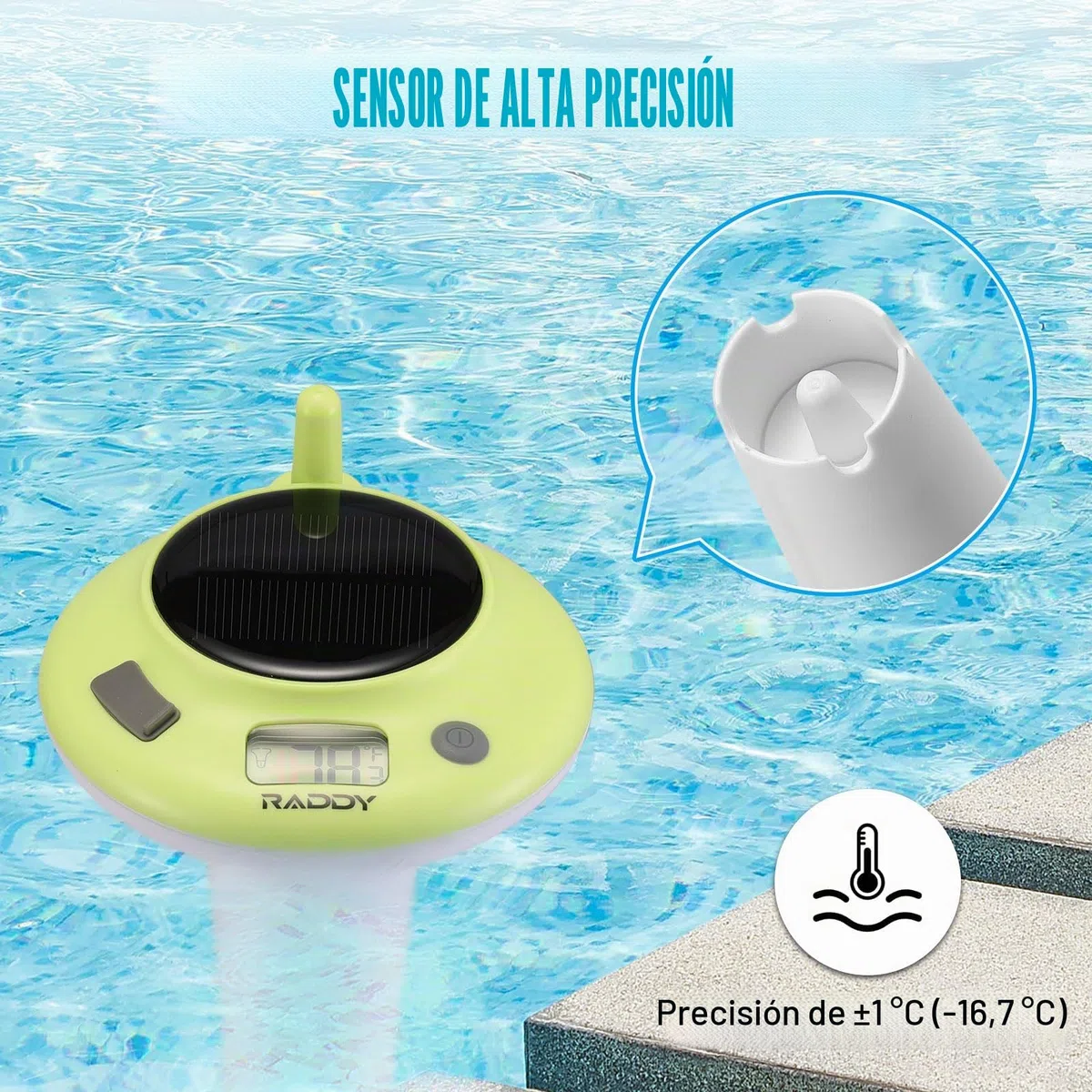 Termómetro flotante para piscina Raddy PT-5, energizado por sol y batería, IPX8, resistente al agua, fácil de leer, digital para piscina, jacuzzi, tubos fríos, estanques