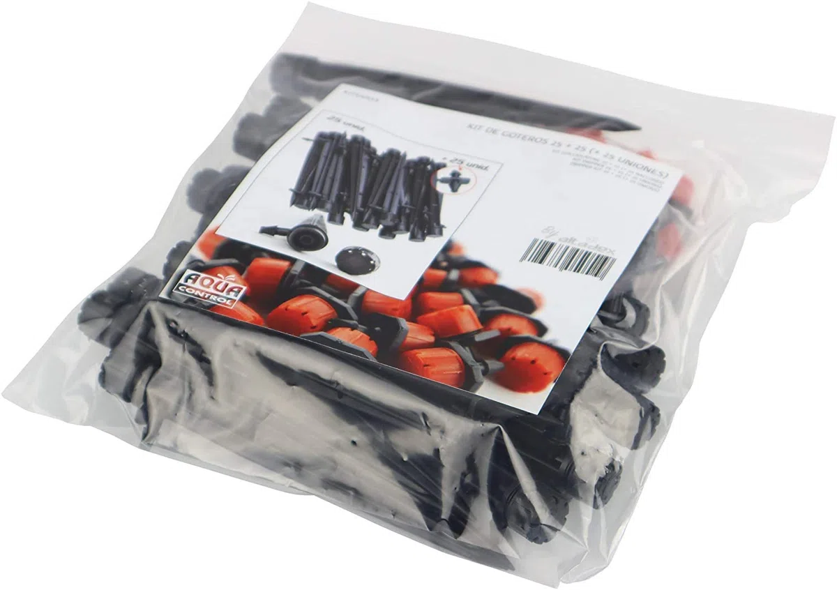 Aqua Control Pack de Goteo para riego Gota a Gota. 25 Goteros Regulables de 0 a 70 l/Hora + 25 Goteros Regulables de 0 a 70 l/Hora con estaca.