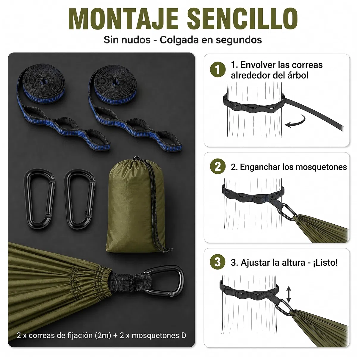 Hamaca Ultraligera Verde Militar para Exterior y Camping, Hamaca Colgante con Correas de fijación y Anillos en D, Carga hasta 300 kg para Jardín Balcón Terraza