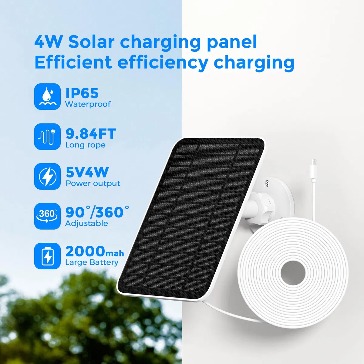 Panel solar de 5 V y 4 W compatible Arlo Pro 3/4/5,Ultra,Pro 3 Floodlight,Go 2,Essential Outdoor 2.ª generación,Essential 1.ª generación,con batería integrada de 2000 mAh y cable de alimentación de 4m