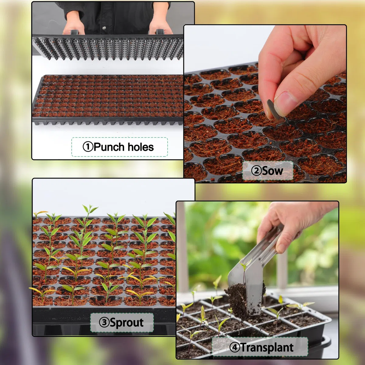 Bandejas de inicio de semillas de 200 celdas con escurridor, paquete de 20 bandejas reutilizables para propagación de germinación, excavadora de tierra de 200 agujeros para colocar