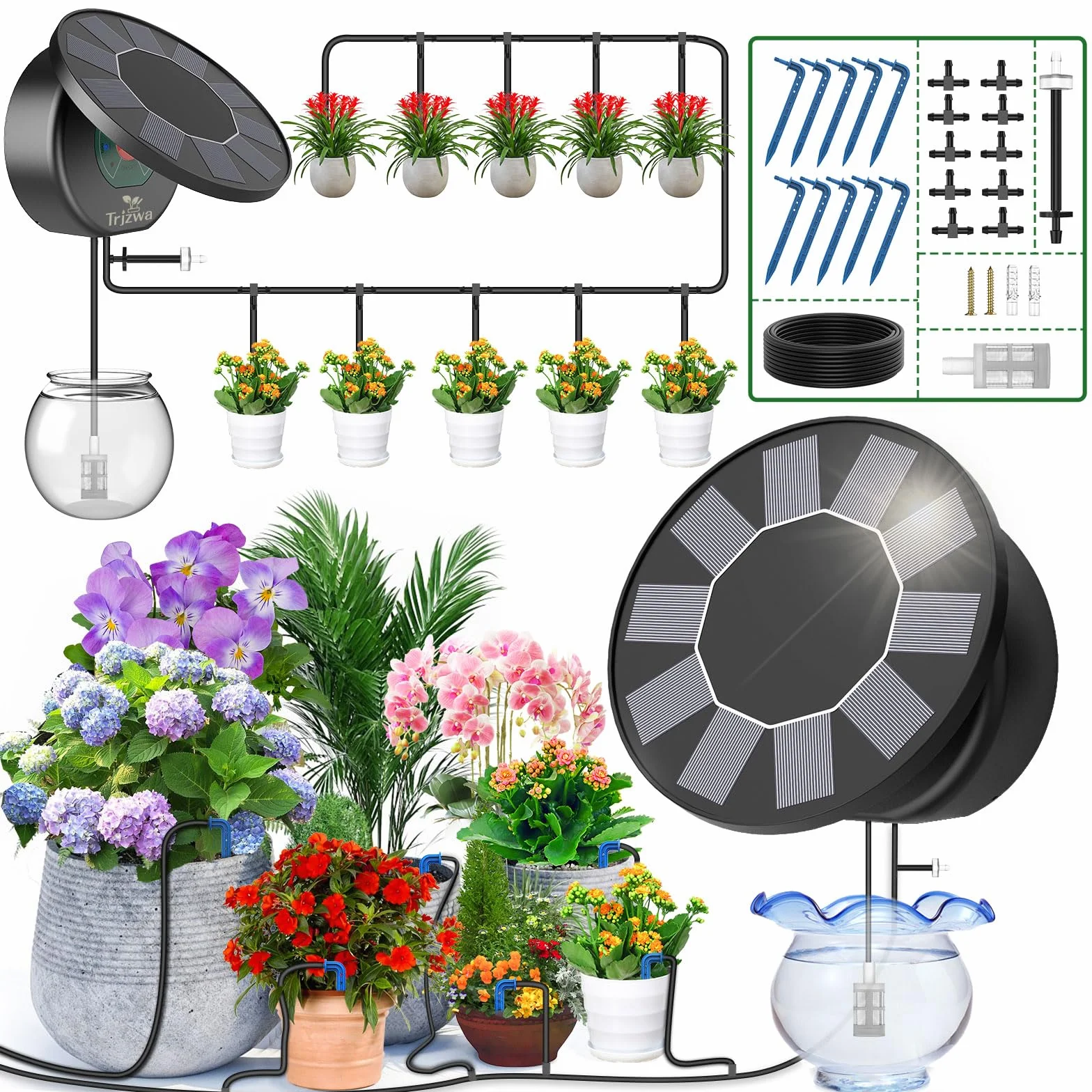 Sistema de Riego Solar para Jardín,Riego por Goteo Automatico Kit Solar con 9 Programas de Riego Manguera de 10 m para Jardín/Plantas de Balcón/Plantas en Macetas al Aire Libre
