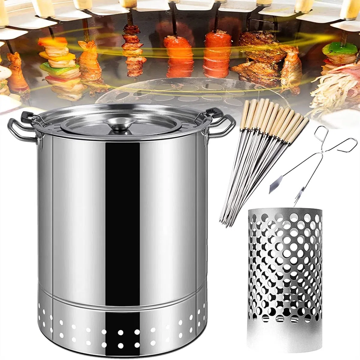 Parrilla vertical de carbón vegetal para barbacoa, ahumador colgante de acero inoxidable y cesta rodante para cocinar al aire libre, perfecta para fiestas en el patio trasero y camping