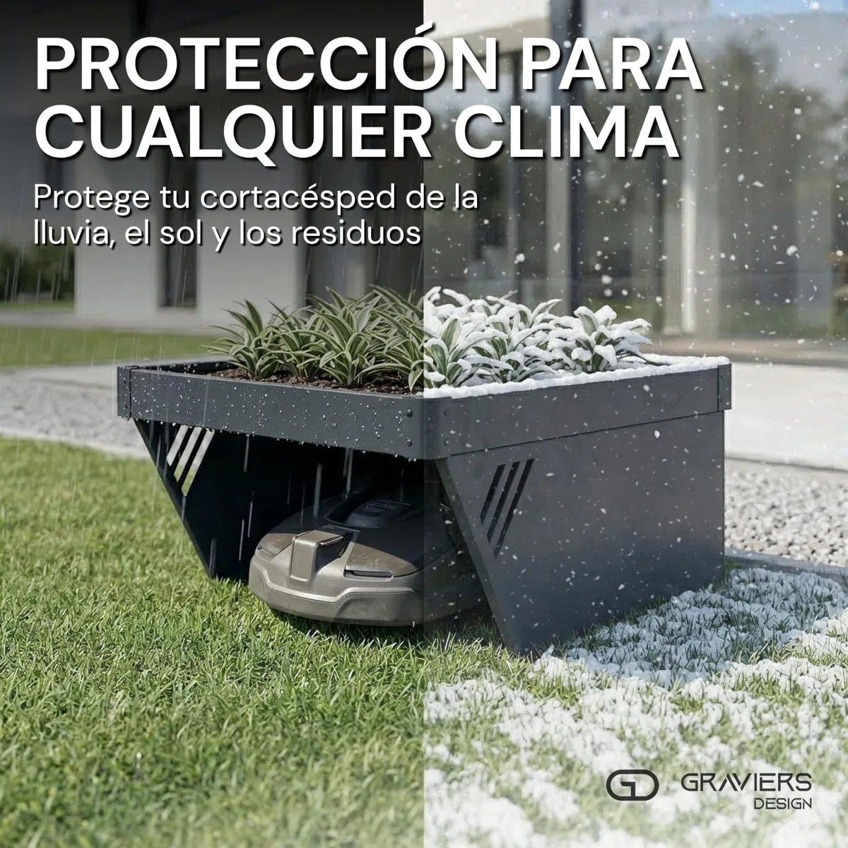 Graviers Garaje para robot cortacésped con jardinera, antracita RAL 7016, techo para robot de césped, protección solar y protección contra la lluvia, acero 60 x 70 x 39,6 cm