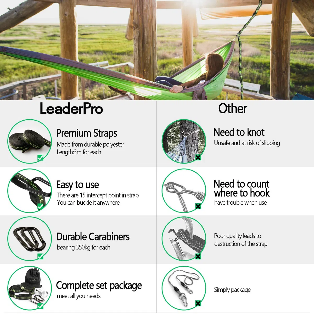 LeaderPro 2 Piezas Correas de Hamaca, 300cm, Máximo 500 kg Accesorios Cinturon de Hamaca Correas para Árboles Camping con 2 Mosquetones, 1 Gancho para Silla Colgante, con Bolso de Mano