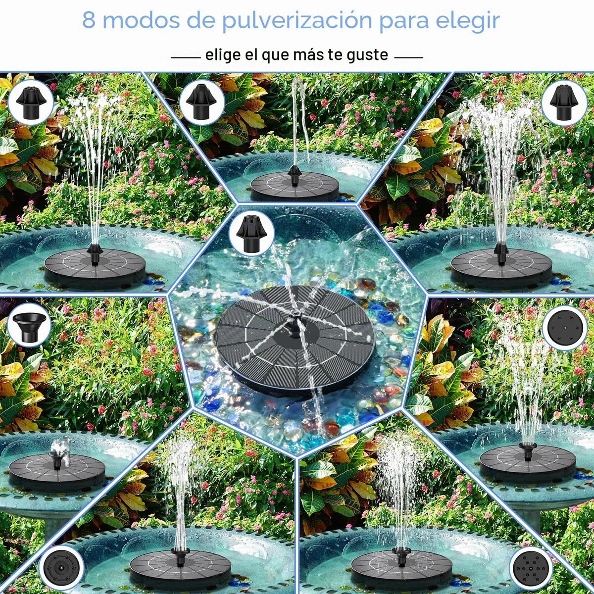 Fuente Solar, Yzert 3.5W Bomba Solar para Estanque Fuentes, 2000mAh Batería Funciona de Noche, 7 Boquillas & 4 Fijadores Solare Fuente para Baño de pájaros, Pecera, Decoración de Jardín