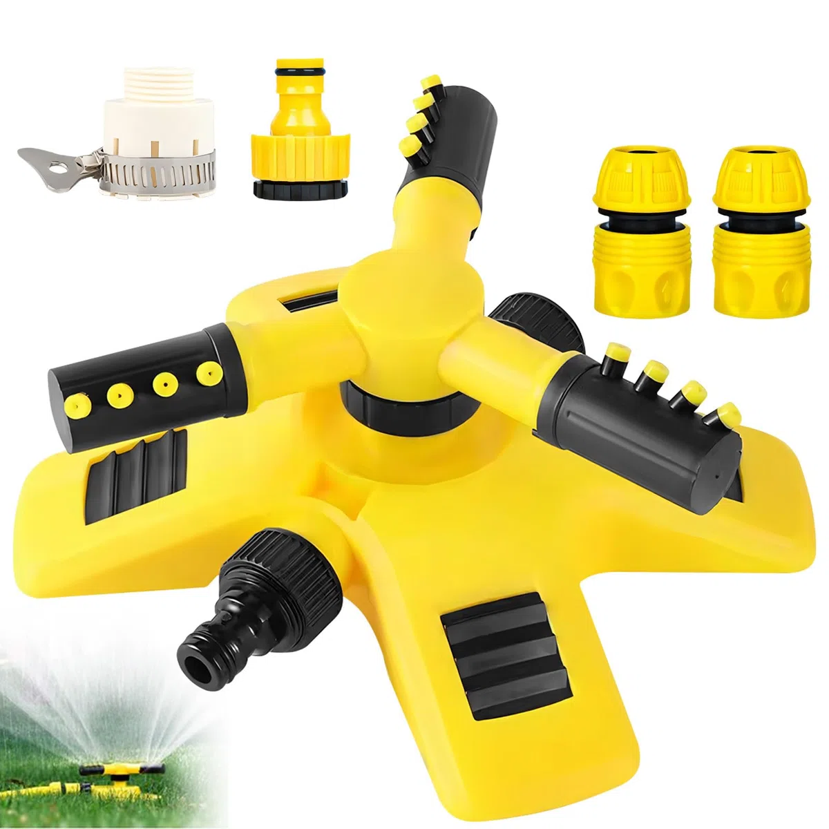 Aspersor Jardín Rotante Ajustable 360º, 3 Brazos Aspersores de Riego Césped Automático Pulverización Efficiente, Equipos Agua Irrigador Rotación Multiusos para Exteriores Plantas, Flores, Verduras