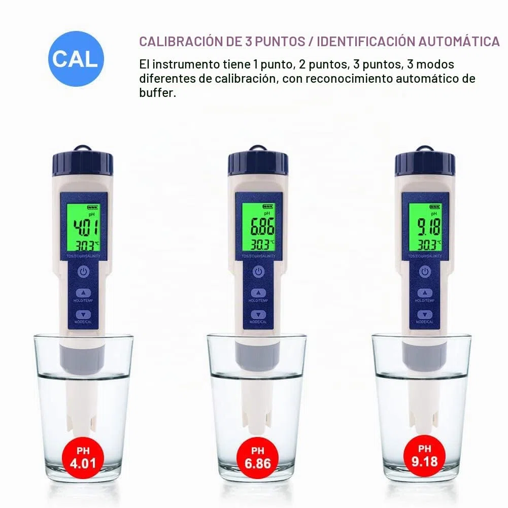 WANGCL - Probador de pH digital 5 en 1 con pantalla LCD y compensación automática de temperatura PH/TDS/EC/SALT/TEMP