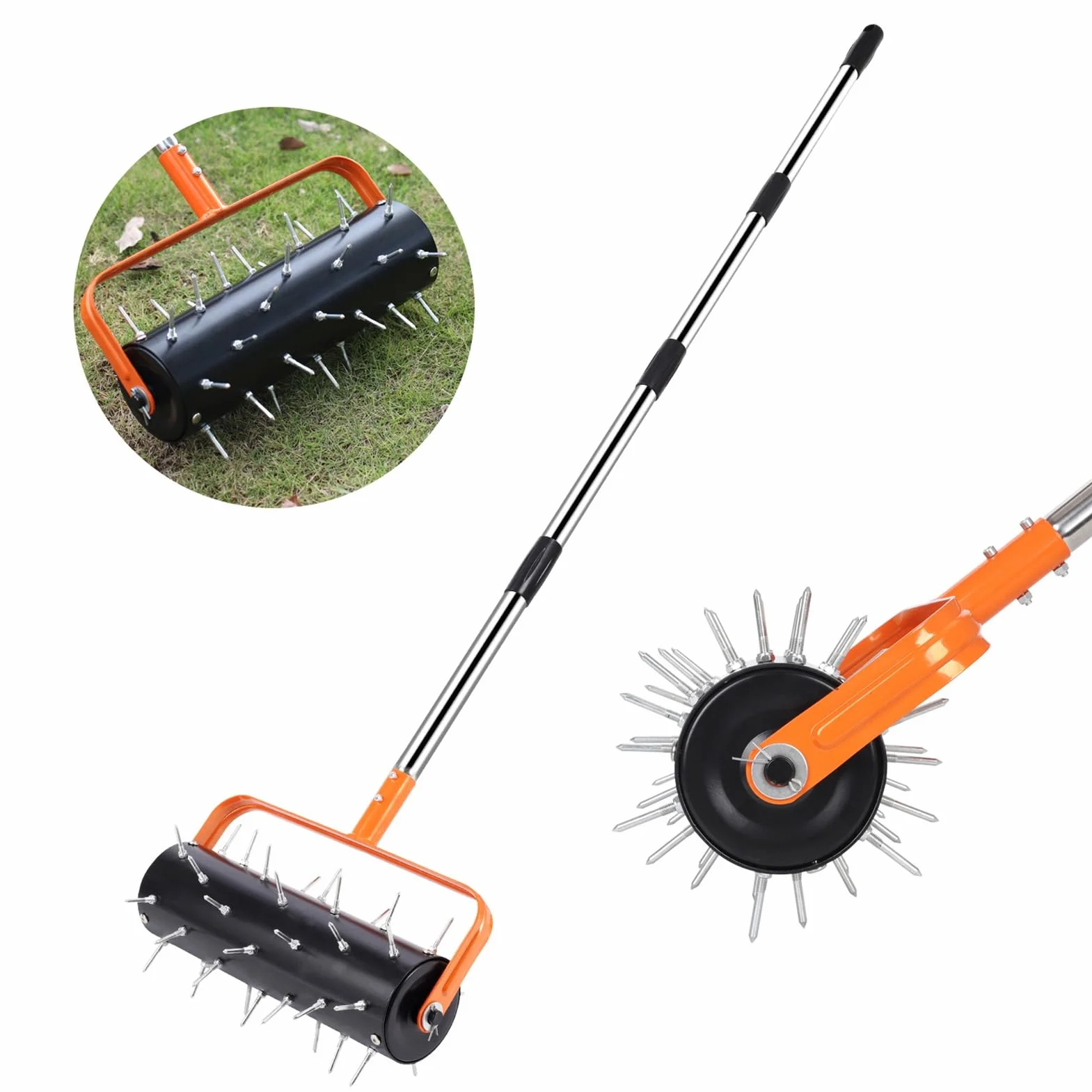 Aireador de Césped Rodante, 42 Púas Premontadas, Rodillo Aireador de Púas para Césped Resistente con Mango Ajustable para Patio, Jardín