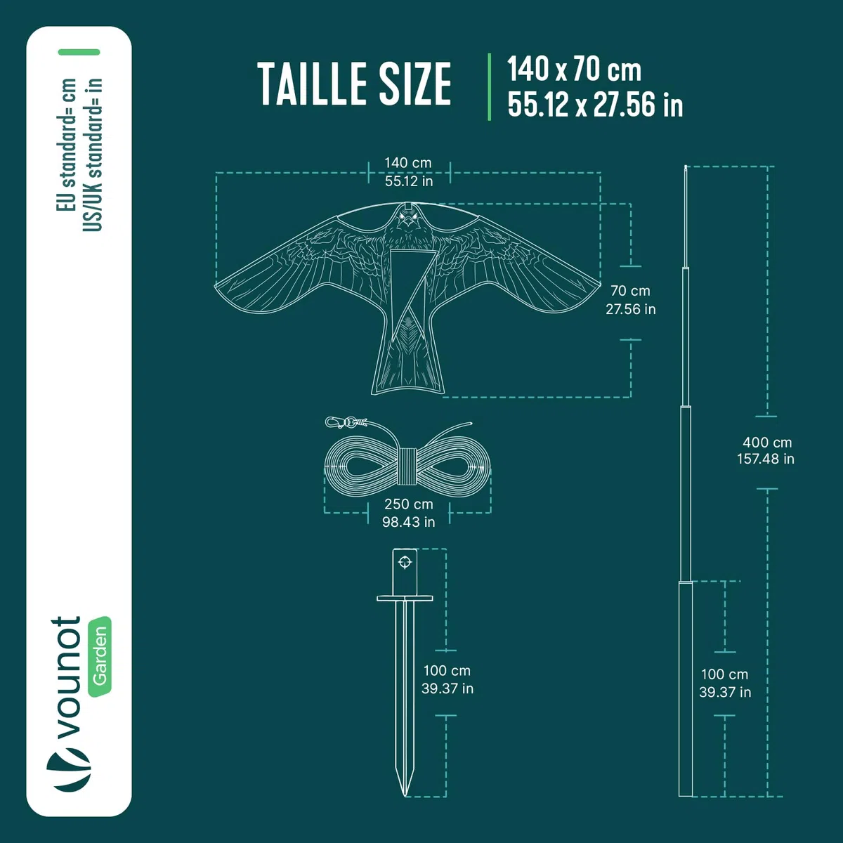 VOUNOT® Espantapájaros Cometa Voladora Cultivos Protector de Aves Halcón Ahuyentador Aves Palomas para Exterior Jardín Patio Granja Huerto Repelente Visual Pájaros con Poste Telesc. 4m y 2 Cometas A&G