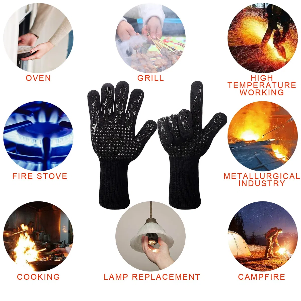 WIN.MAX Guantes para Barbacoa, Guantes de Horno para Barbacoa, Guantes de Cocina, Guantes Resistentes al Calor, Guantes de Chimenea hasta 800 °C, 1 par de Silicona Antideslizante (Igualdad Negra)