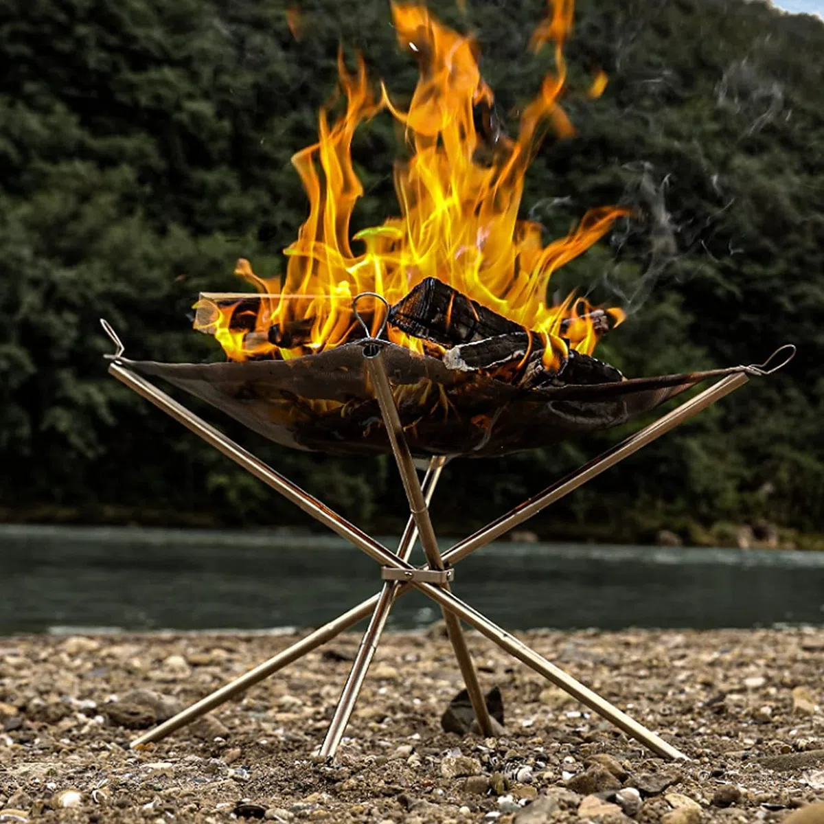 KAHEIGN Pozo de Fuego Portátil Libre, 42CM Plegable Malla de Acero Inoxidable Chimenea de Pozo de Fuego Barbacoa Cuenco de Fuego para Camping Picnic Hoguera - con Guantes Resistentes Calor y Bolsa
