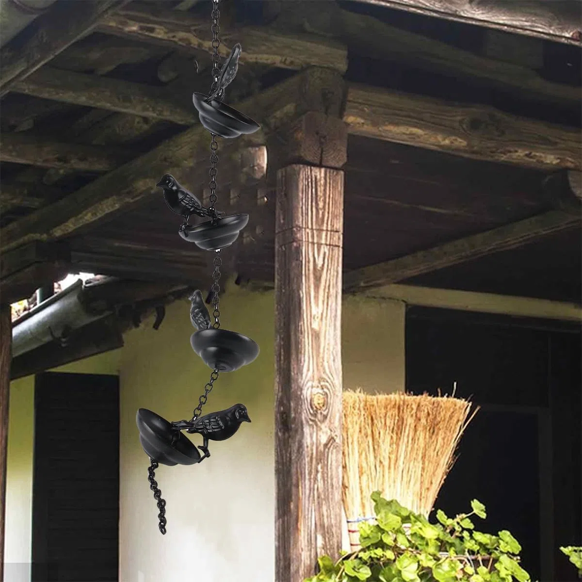 Namvo Cadena De Lluvia con Forma De Pájaro para Exteriores, Decorativa, Colgante, para Inauguración De La Casa, Canaletas Decorativas, Móvil, Pájaros En Tazas, Campanillas De Lluvia Negras