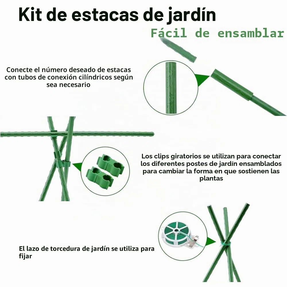 30x Soportes para plantas, ayuda para trepadoras, tubo de acero recubierto de plástico inoxidable de 40 cm Ø11 mm, con 20 conectores y 30 clips multifuncionales, soporte para plantas, para guisantes