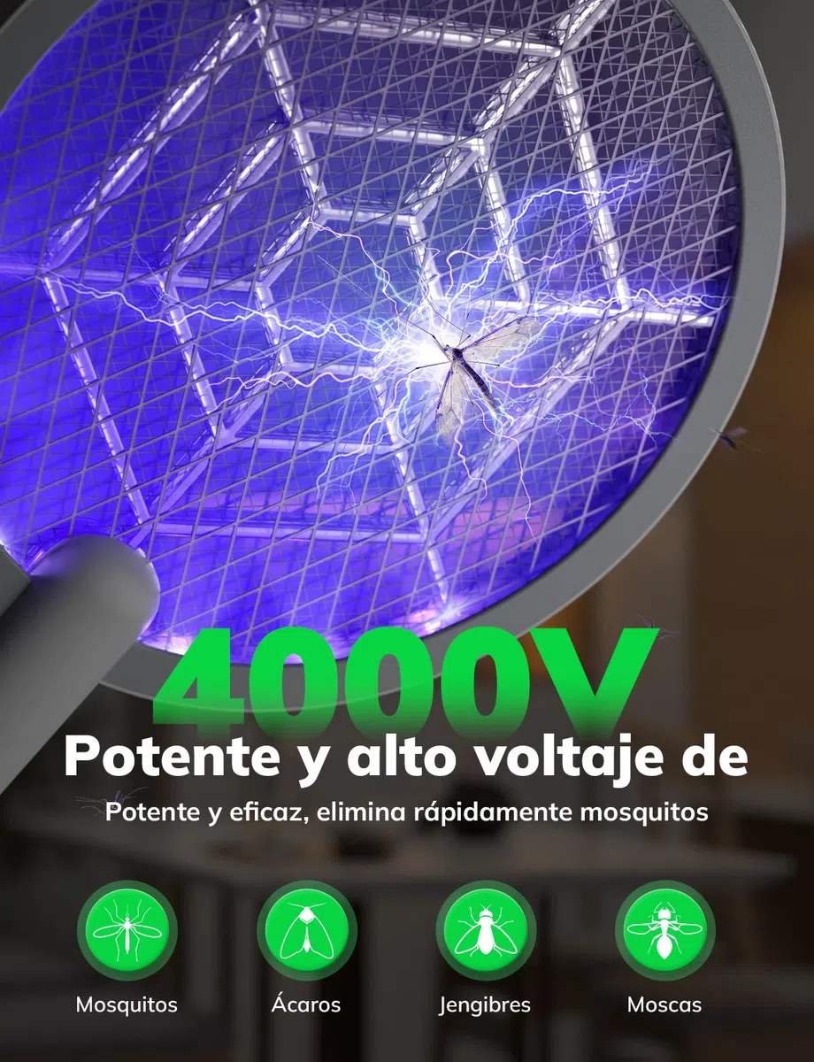 YISSVIC Raqueta Mosquitos Electrica Mata Mosquitos Electrico 3 en 1 con Base de Luz 4000V 1800mAh Recargable USB-C Matamoscas Electrico de Luz UV- Blanco