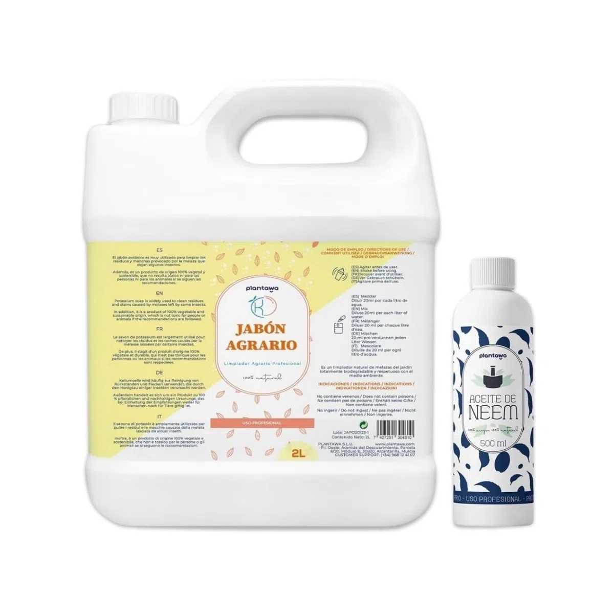 PLANTAWA Pack Jabón Potásico 2L + Aceite de Neem 500ml | Solución Multiusos | Fácil Aplicación y Máxima Eficacia | Versátil | Uso en Interior y Exterior | Productos de origen natural