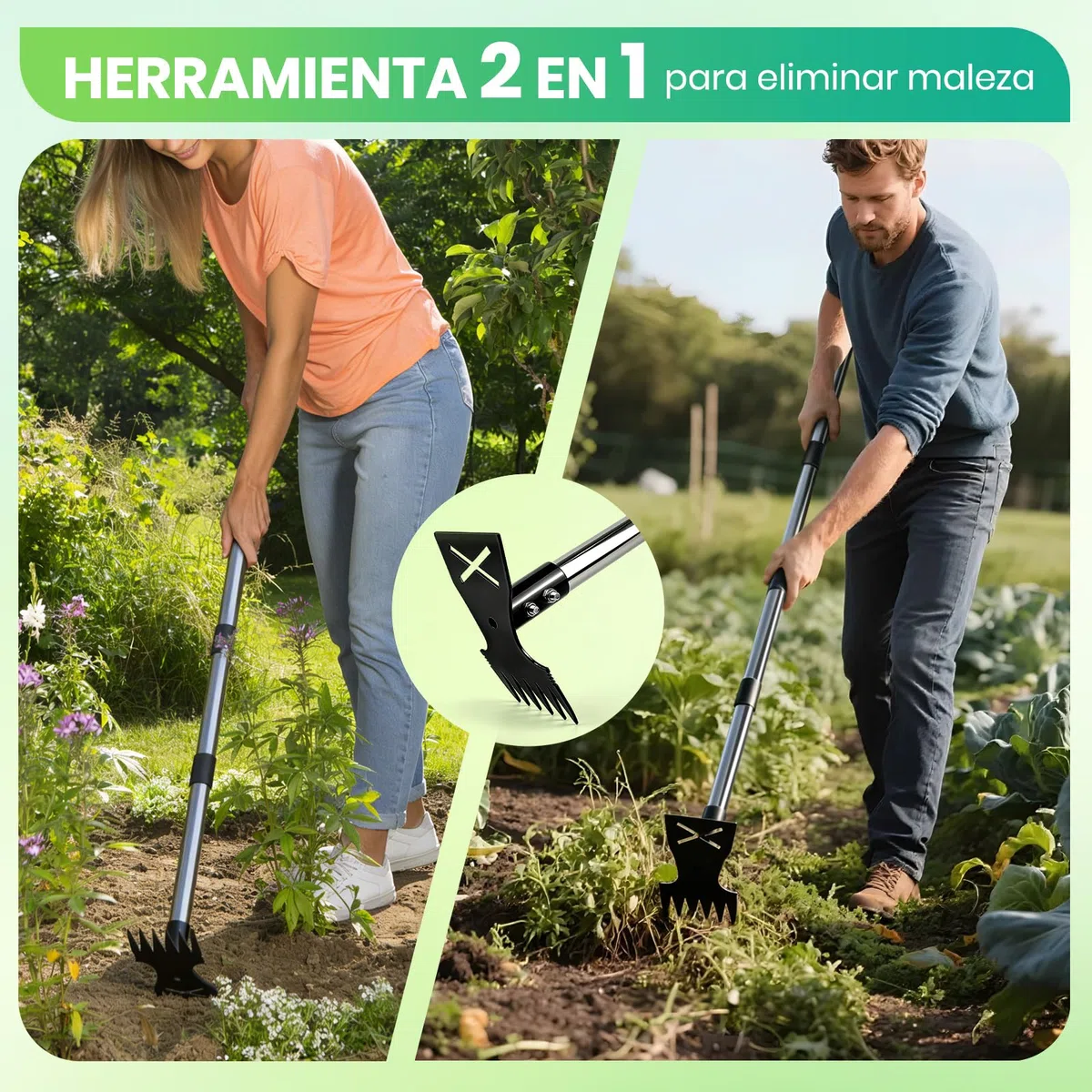Extractora de Malas Hierbas con Mango Largo de 148 cm,Rastrillo de Azadas de Jardín 2 en 1 con Rastrillo y Azada, para Patio, Césped, Terraza, Jardín