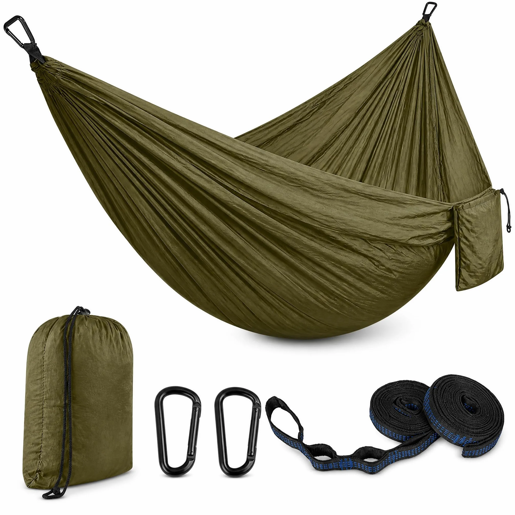Hamaca Ultraligera Verde Militar para Exterior y Camping, Hamaca Colgante con Correas de fijación y Anillos en D, Carga hasta 300 kg para Jardín Balcón Terraza