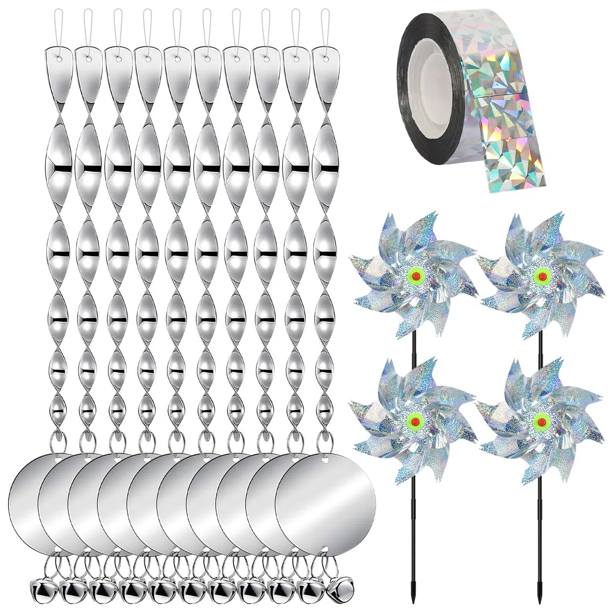 15 piezas de juego de ahuyentadores de pájaros reflectantes 10 piezas de espiral de viento antipájaros, 4 piezas de molinos de viento antipájaros con cinta para pájaros 2,4CM x80M Juego de espiral de