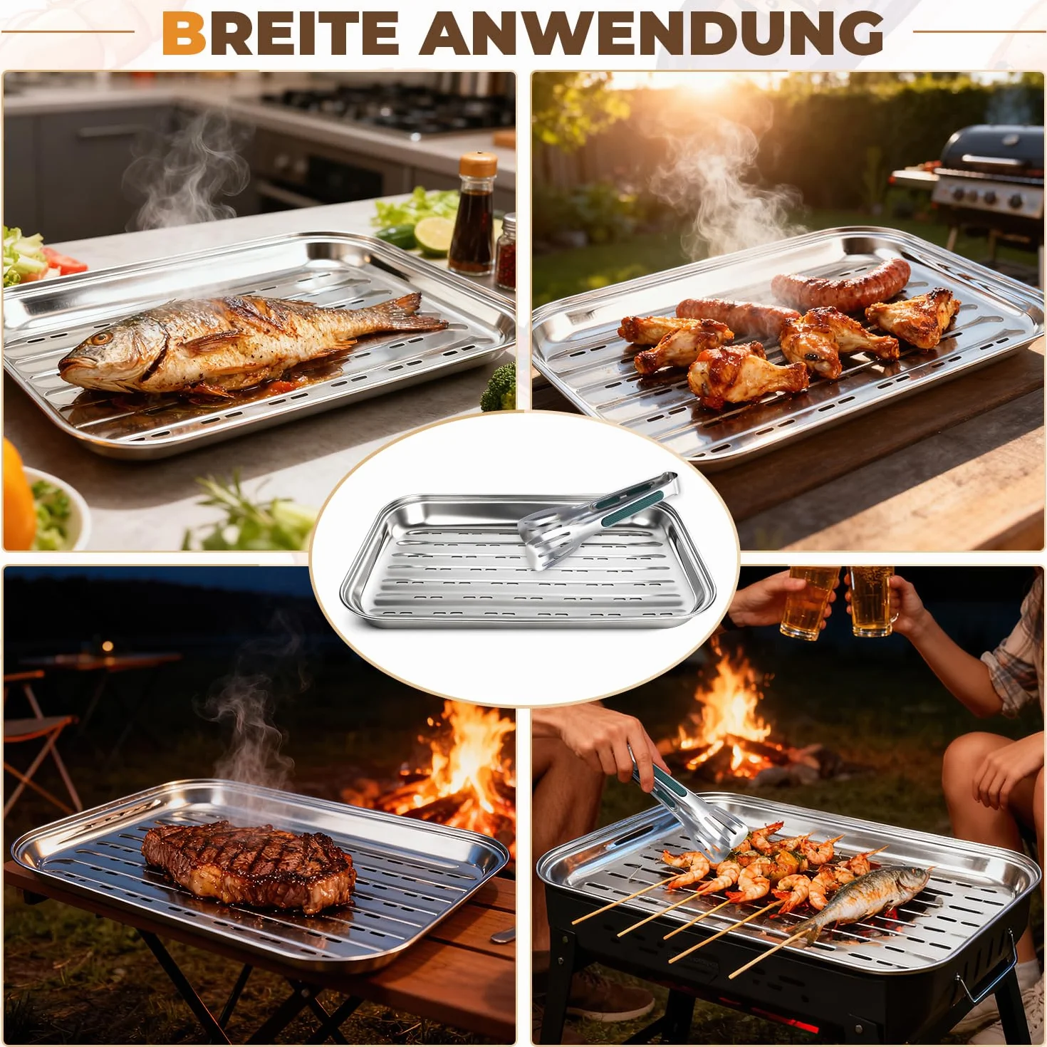 Bandejas para Barbacoa con Pinza 34,9x24,5x2,7 Juego de 3 Pcs Bandeja Barbacoa con Agujeros Reutilizable Bandejas Acero Inoxidable Plata Bandeja para Parrilla para Asar Verduras Carne y Pescado