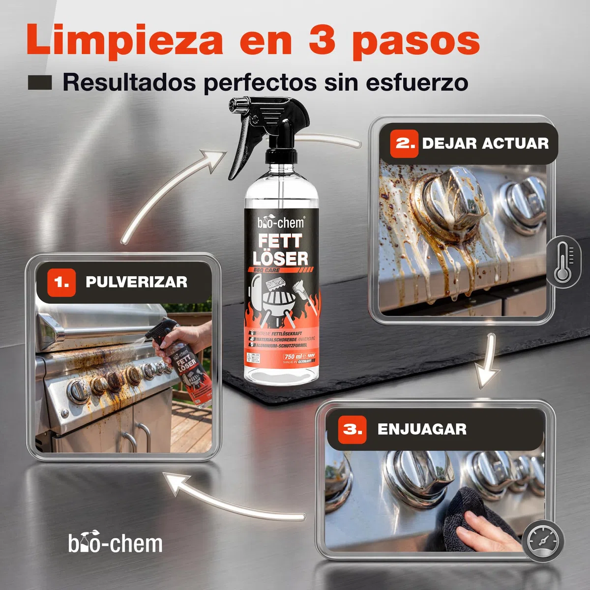 Bio-Chem - Limpiador para barbacoas 750ml - Spray para barbacoas Listo para Usar,iIdeal para el Verano - Limpiador desengrasante para Parrillas de Barbacoa