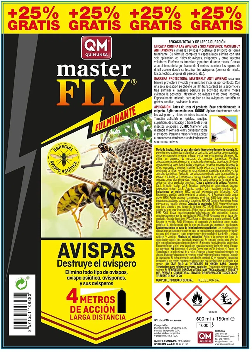 MASTERLAC | Masterfly Insecticida Para Avispas Y Avispones Asiáticos | Spray 750 Mililitros | Alcance De 4 Metros | Elimina Avisperos | Larga Duración