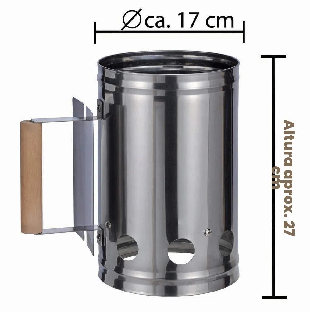 Bambelaa! - Encendedor de carbón para barbacoa con mango de madera, columna de combustión, encendedor para chimenea, color plata/negro, aprox. 17 x 27 x 27 cm, plata