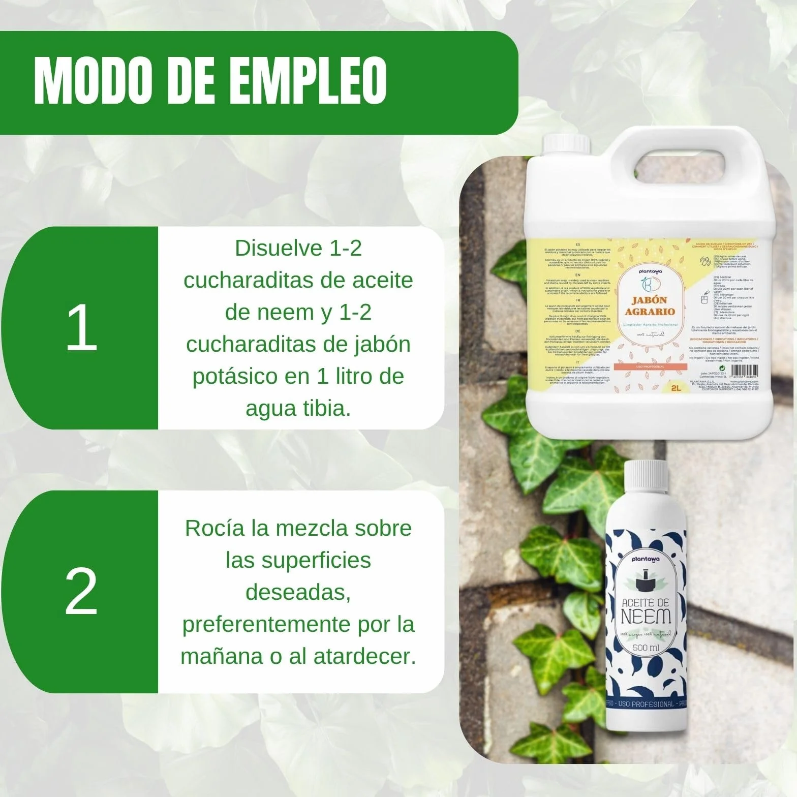 PLANTAWA Pack Jabón Potásico 2L + Aceite de Neem 500ml | Solución Multiusos | Fácil Aplicación y Máxima Eficacia | Versátil | Uso en Interior y Exterior | Productos de origen natural