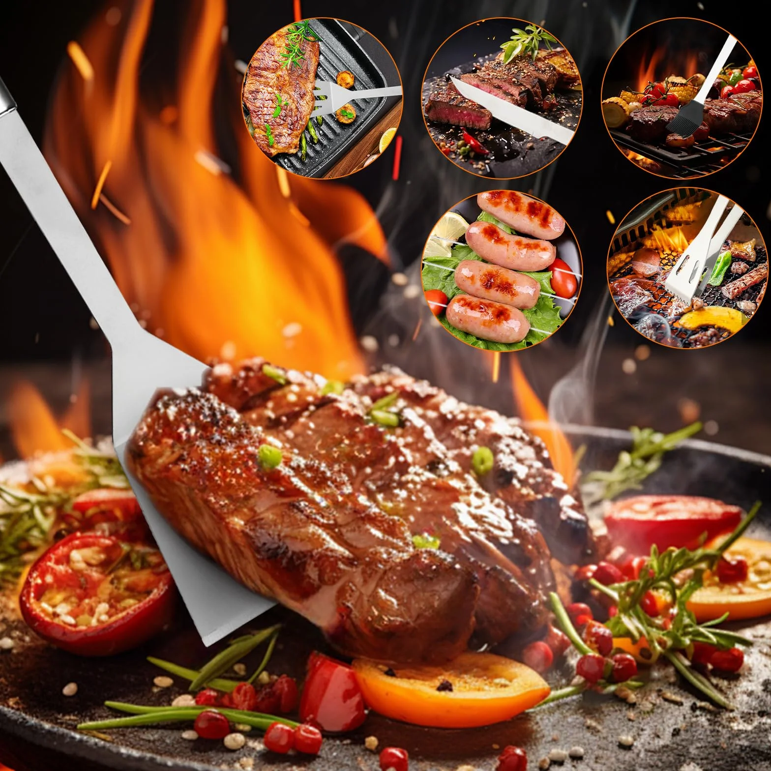 Kit Barbacoa 9 Piezas - Utensilios Barbacoa Acero Inoxidable - Accesorios Barbacoa Completo con Espátula, Tenazas, Cepillos y Pinchos para Jardín, Camping, Fiestas al Aire Libre