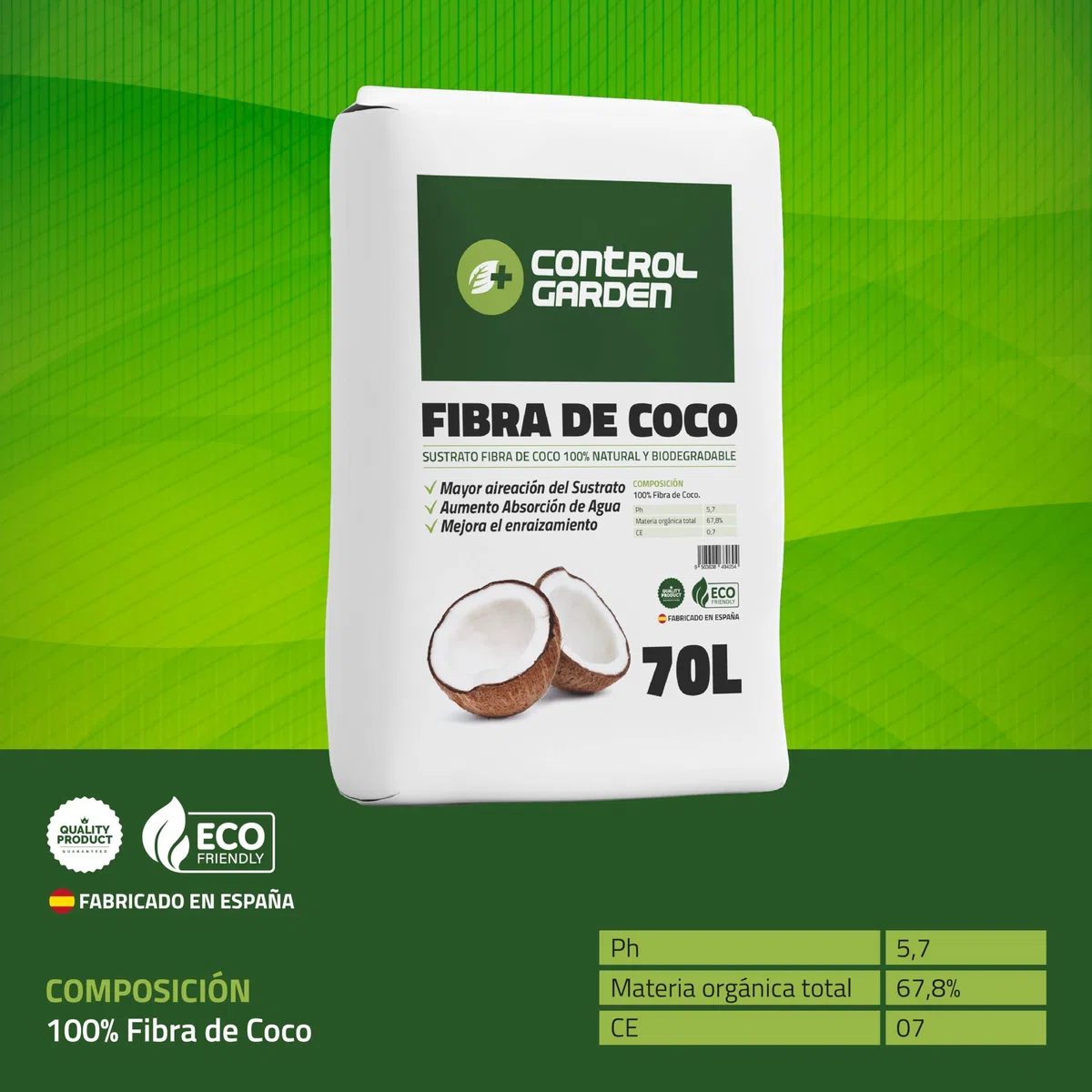Control Garden Sustrato Fibra de Coco 70L | Abono Plantas 100% Natural para Huertos, Terrarios y Cultivos | Substrato Semilleros Biodegradable