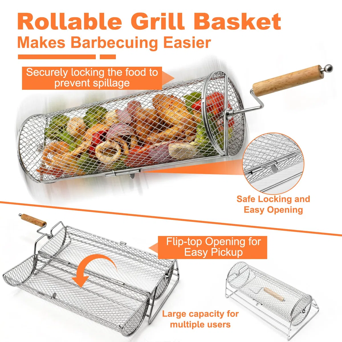 Cesta de Parrilla Rodadiza, Cesta de Parrilla de Acero Inoxidable, Accesorios Barbacoa con Mango de Madera Extraíble, Rejilla Barbacoa Utensilios bbq para Exterior Camping, Regalos Hombre