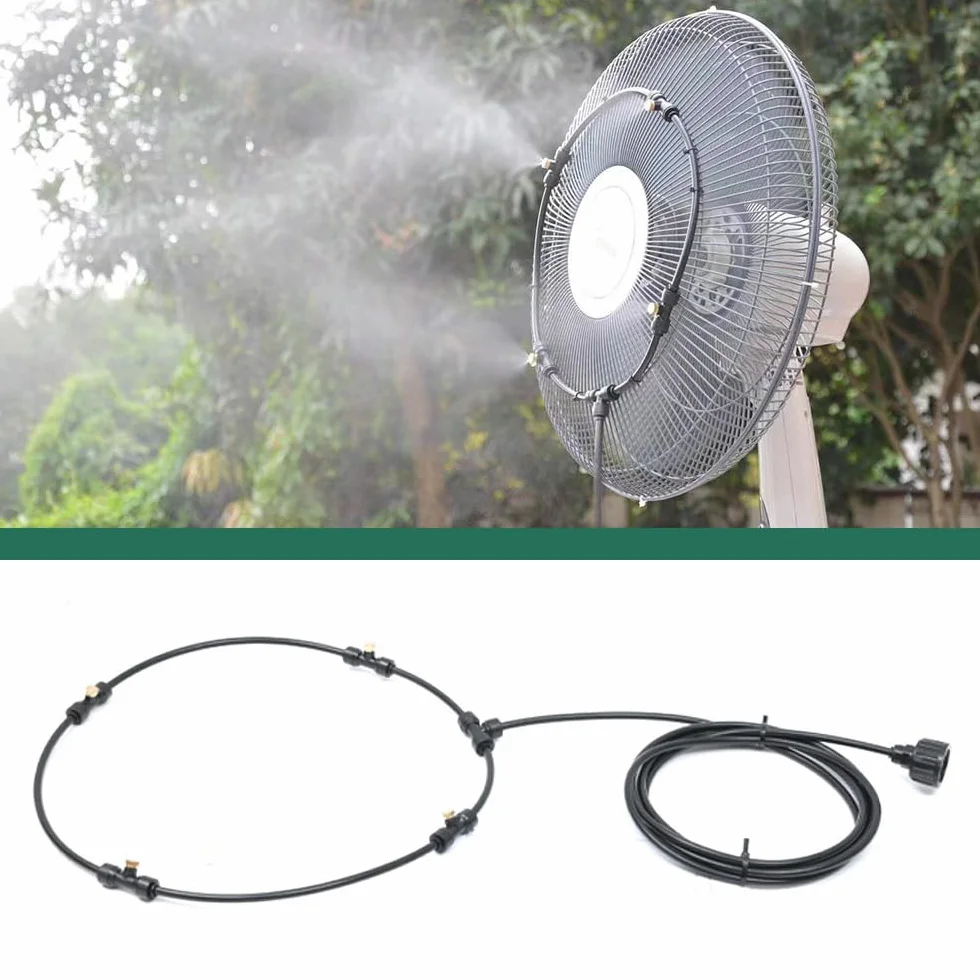 Kit de neblina de ventilador, kit de nebulización de ventiladores de refrigeración para exteriores con línea de nebulización de 3 m y 5 boquillas de latón y válvula de control de agua para