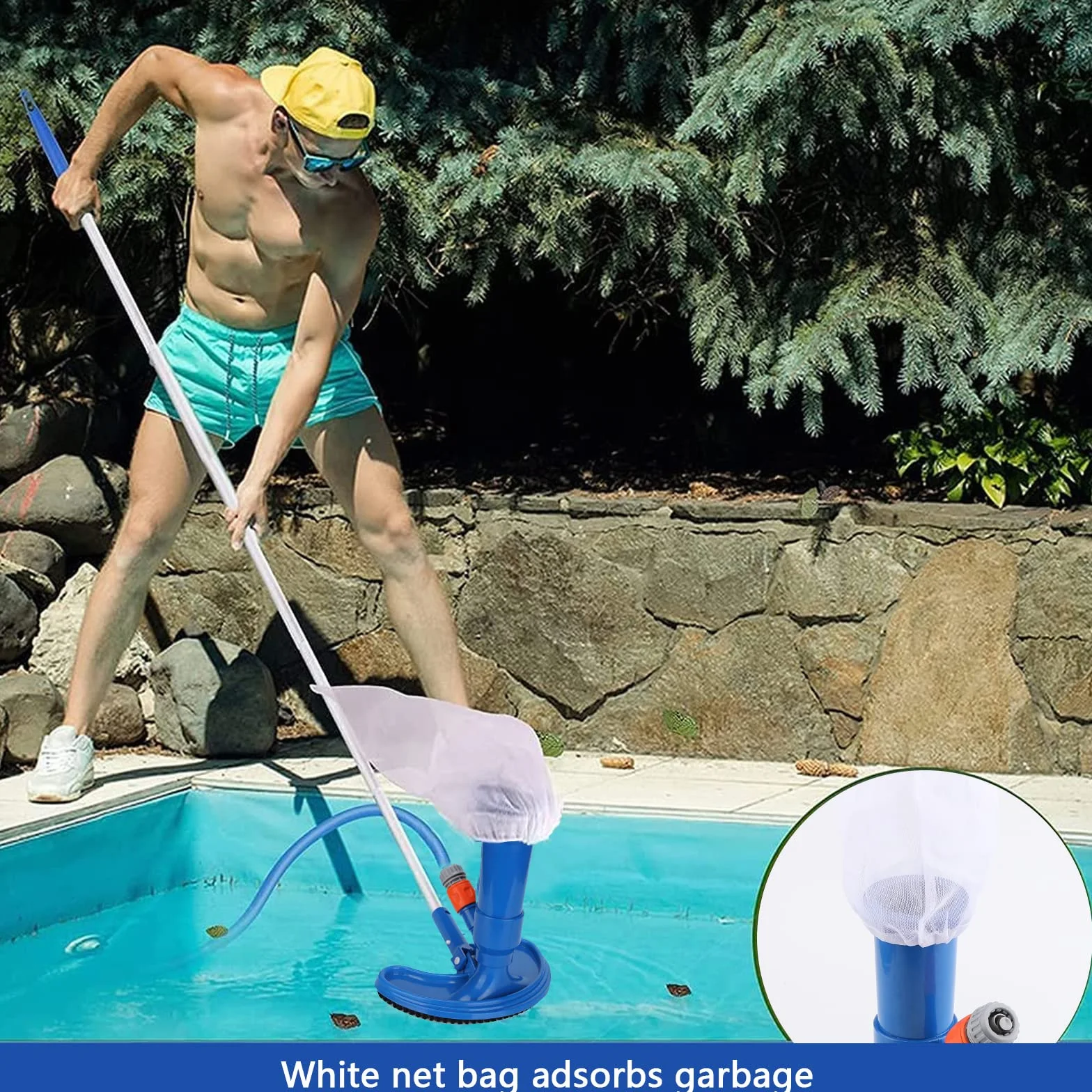 Aspirador de Piscina Portátil Aspiradora de Piso de Piscina Cepillo de Piscina con Bolsa de Malla Manual Accesorios de Limpieza de Piscinas para Piscinas Estanques y Fuentes