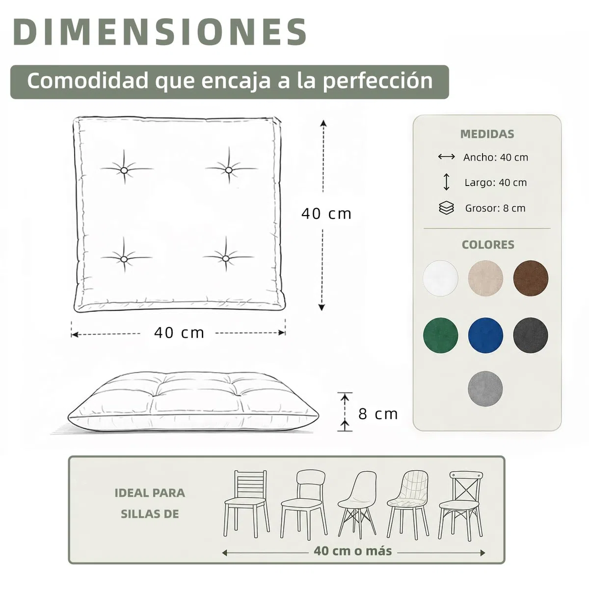 MERCURY TEXTIL- Pack de 2 Cojines para Silla 40x40x8cm Acolchados, Relleno de Copos de Poliuretano con Cintas de Sujeción Antideslizantes, Interior y Exterior. Fabricado en España(Pack 2, Beige)
