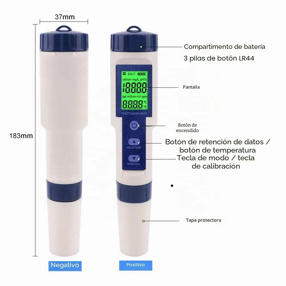 WANGCL - Probador de pH digital 5 en 1 con pantalla LCD y compensación automática de temperatura PH/TDS/EC/SALT/TEMP