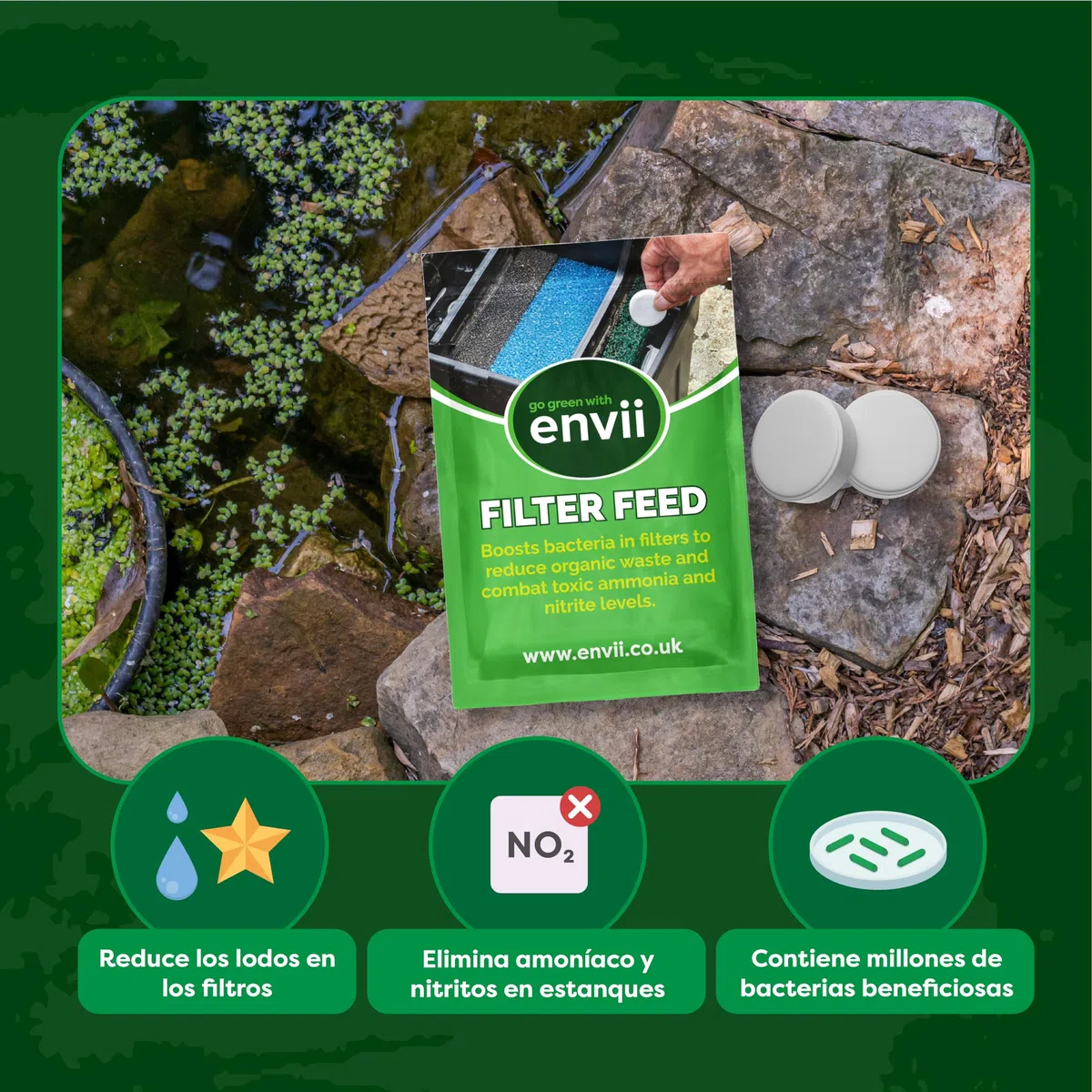 Envii Tratamiento Bacterias para Filtros Estanque - Mejora la Salud del Estanque y Reduce el Mantenimiento del Filtro - Trata 20.000 litros