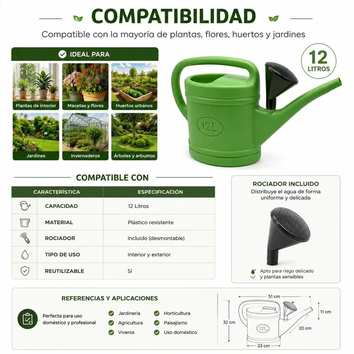 CABLEPELADO Regadera de Plástico 12 litros para Jardín y Huerto, Rociador Incluido, Asa Ergonómica, Pico Largo para Riego Preciso, Ligera y Resistente para Interior y Exterior