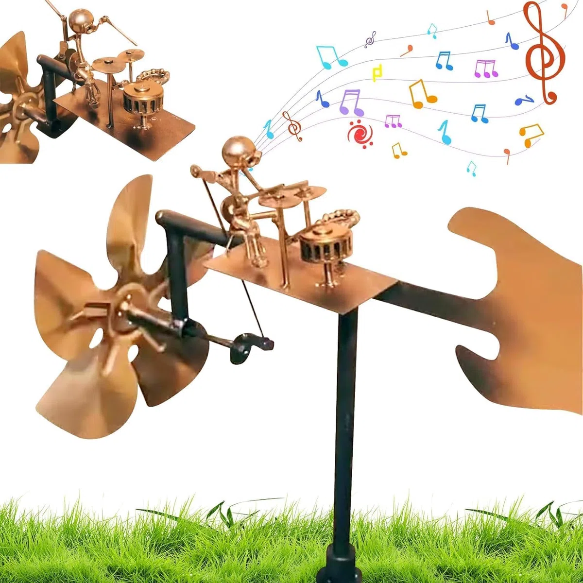 Molino de viento de metal hecho a mano, decoración de jardín, escultura cinética alimentada por el viento, para decoración de patio, césped, jardín, patio, regalos para amigos (dorado)