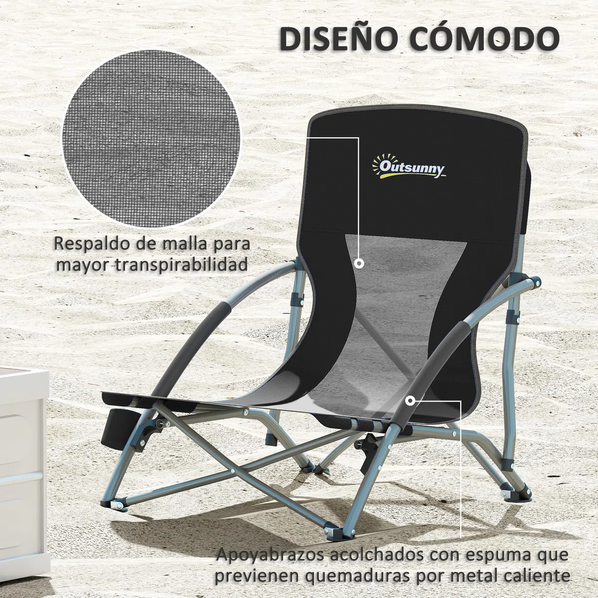 Outsunny Pack de 2 Sillas de Playa Plegables Ligeras Sillas de Camping Portátiles Bajas con Respaldo de Malla Tela Oxford 600D Portavasos Reposabrazos Bolsa para Acampada Carga 120 kg Negro