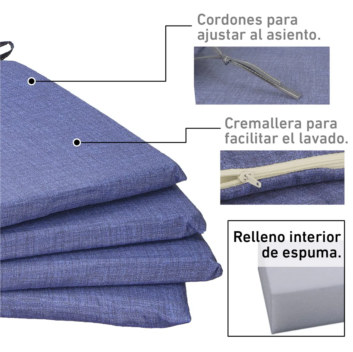 TIENDA EURASIA® Pack 4 Cojines para Sillas - Estampados Lisos con 2 Cintas de Sujeción - Ideal para Interiores y Exteriores - 40 x 40 x 3 cm (Azul)